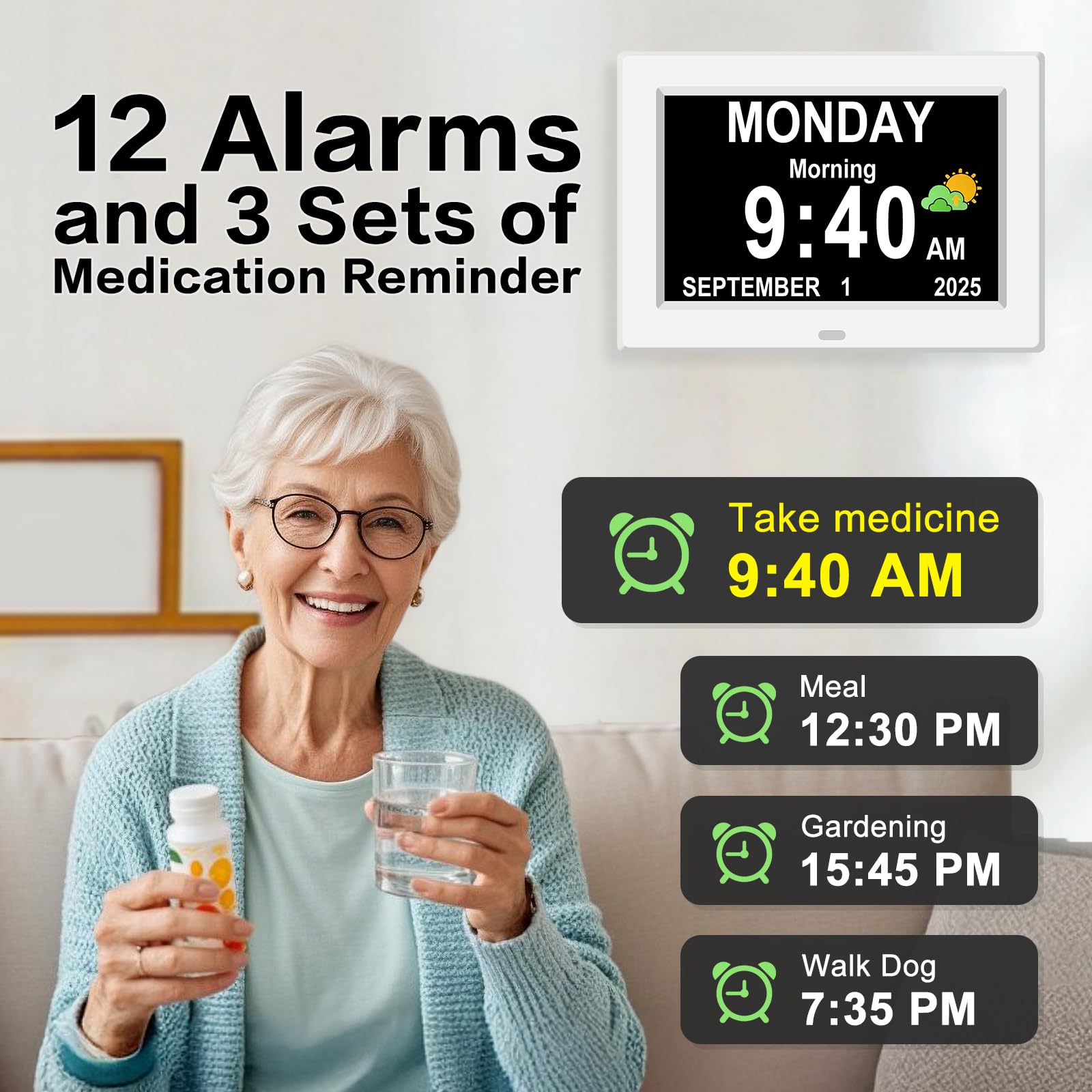 Generic display focused on calendar and day icons aiding routine reminders