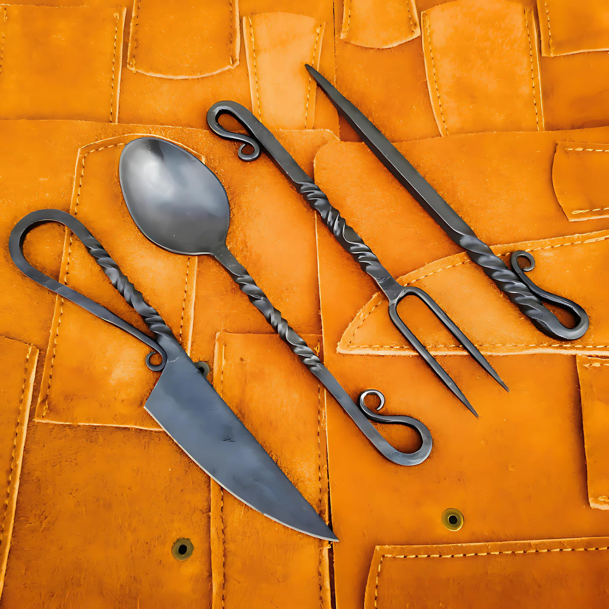 Generic front view feast set showing full Viking silverware and leather roll for authentic dining