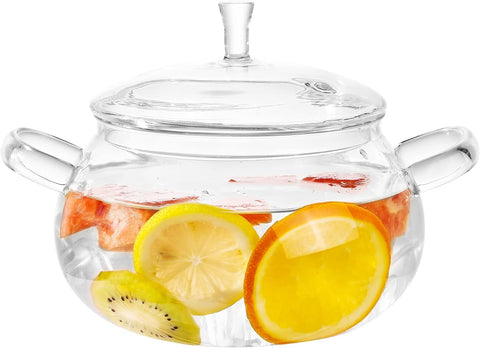 Generic borosilicate glass pot front view showing clear body and lid benefit: easy monitoring