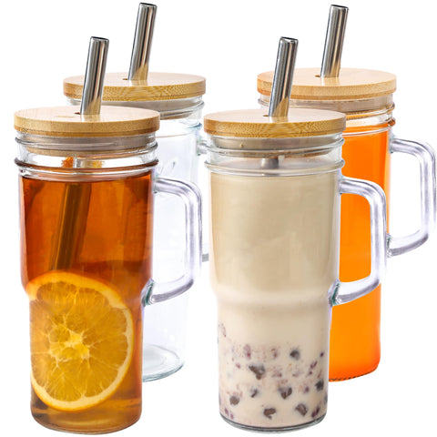 Generic glass tumbler front view showing clear glass and bamboo lid, durable daily use