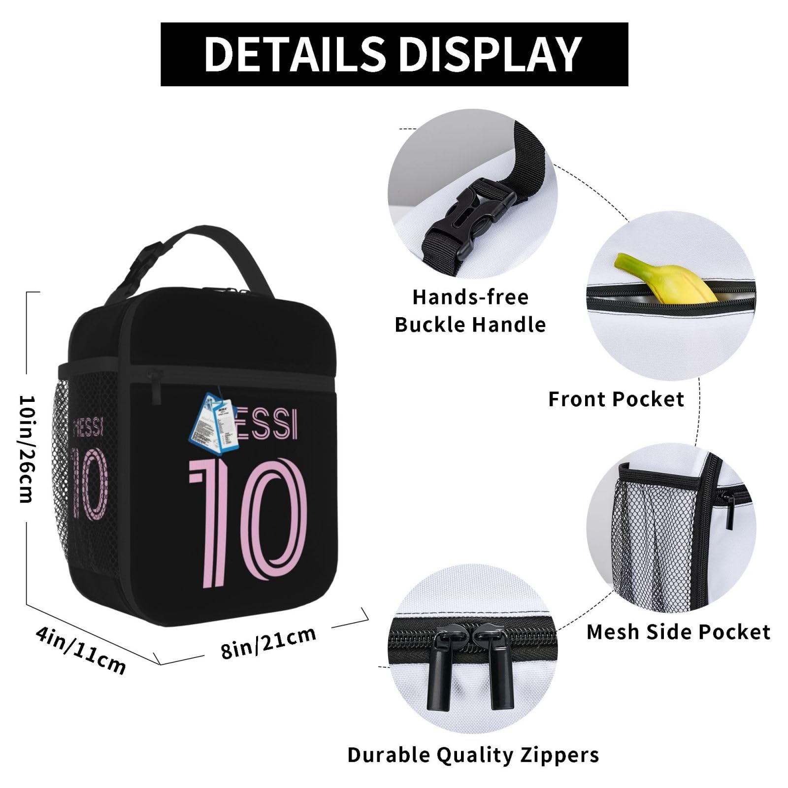 Generic lunch bag side pocket holding a bottle for quick access benefit
