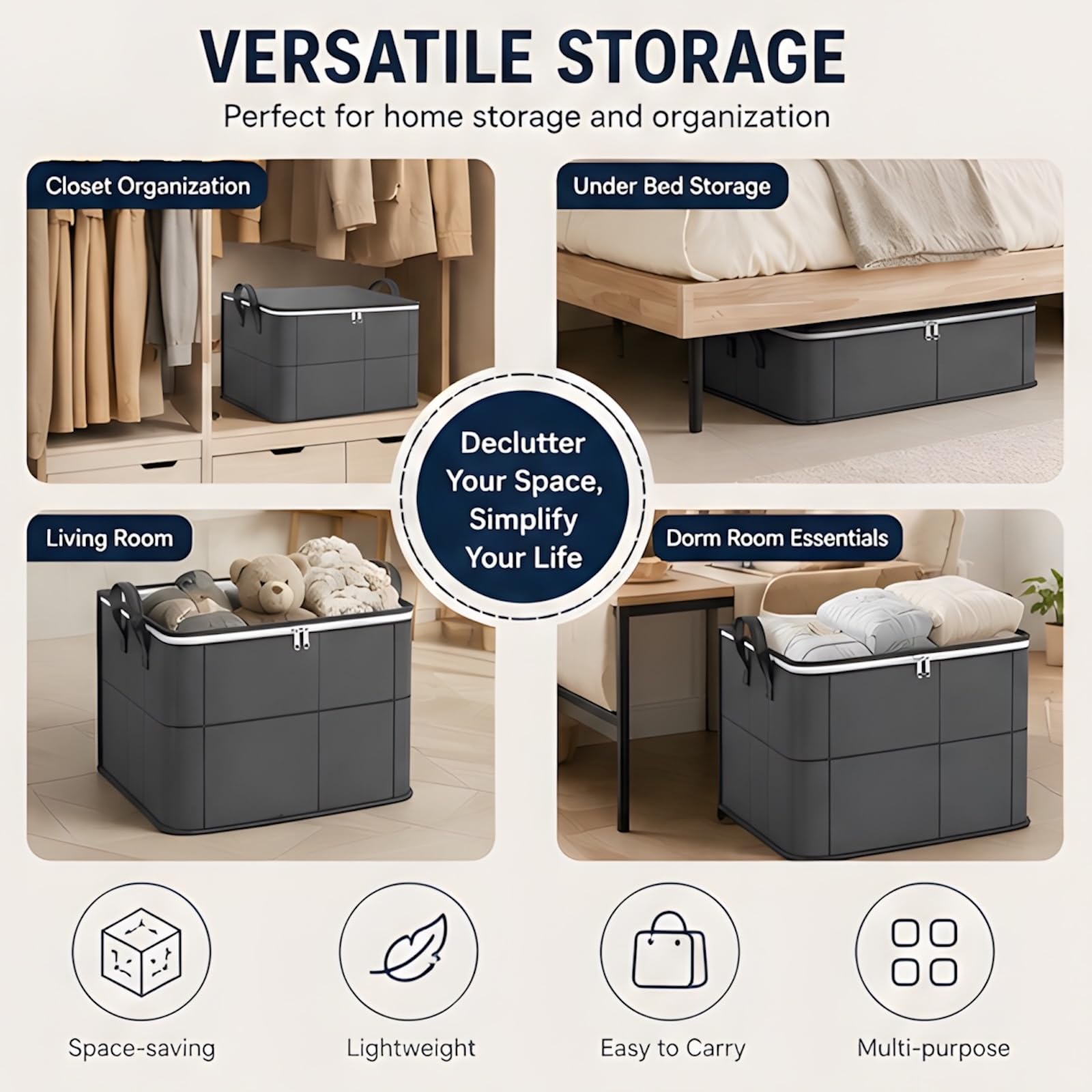 Generic bag folded flat illustrating space-saving storage and easy stow benefit