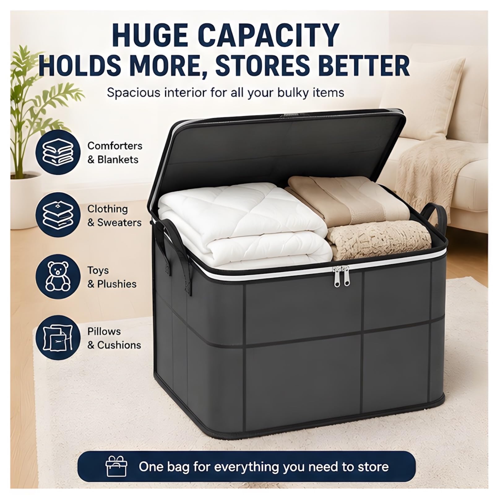 Generic tote stored on closet shelf showing neat stacking and wardrobe benefit