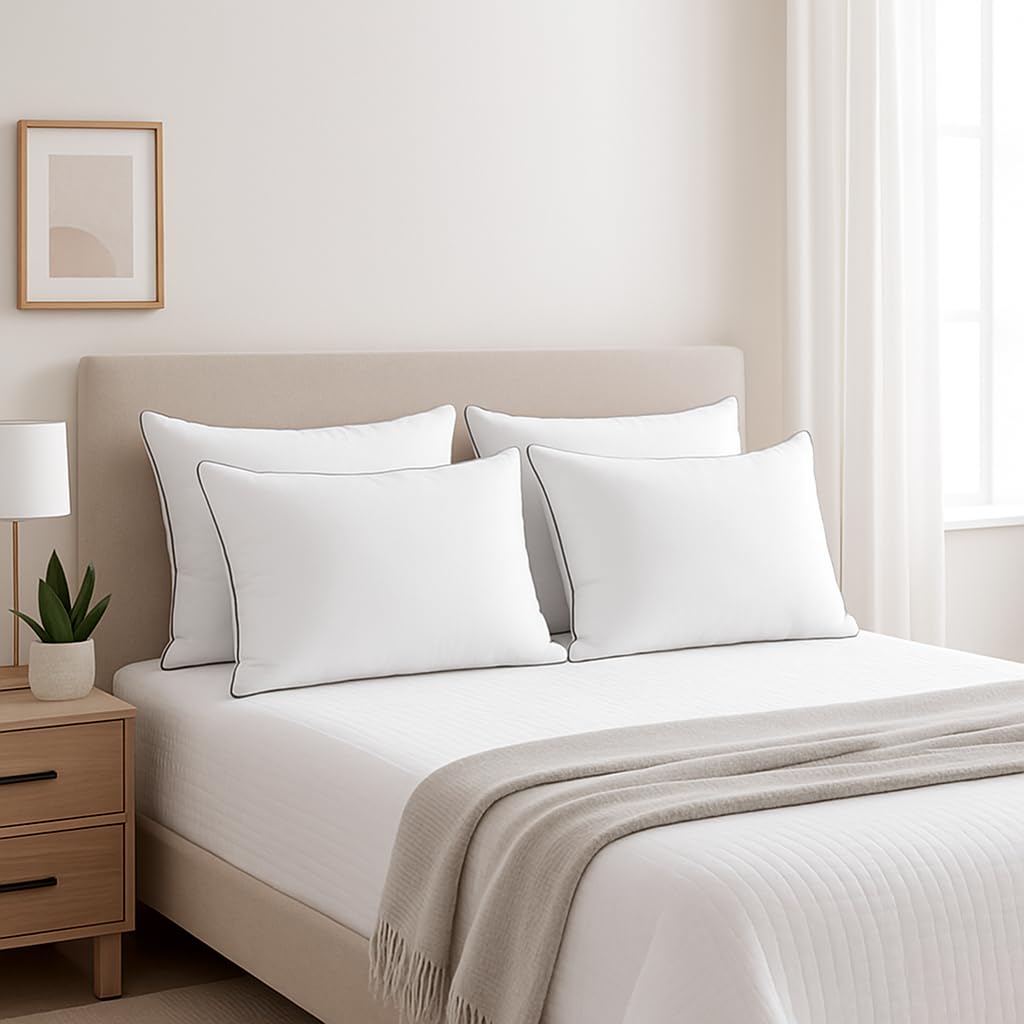 Generic brand four pillows styled on made bed illustrating hotel-like look and restful benefit