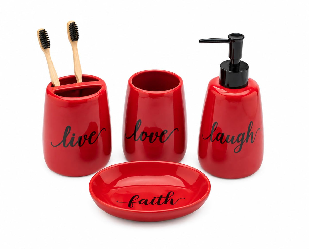 Generic red ceramic set front view showing coordinated pieces and organized countertop benefit