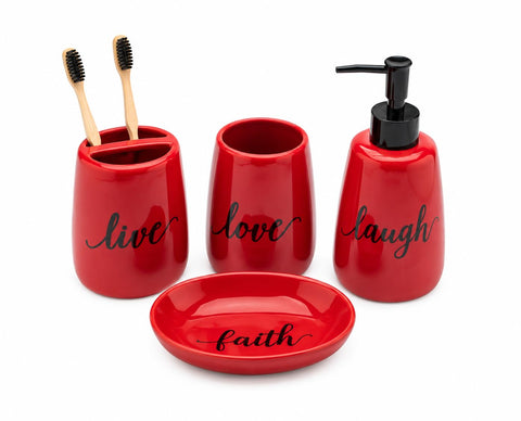 Generic red ceramic set front view showing coordinated pieces and organized countertop benefit
