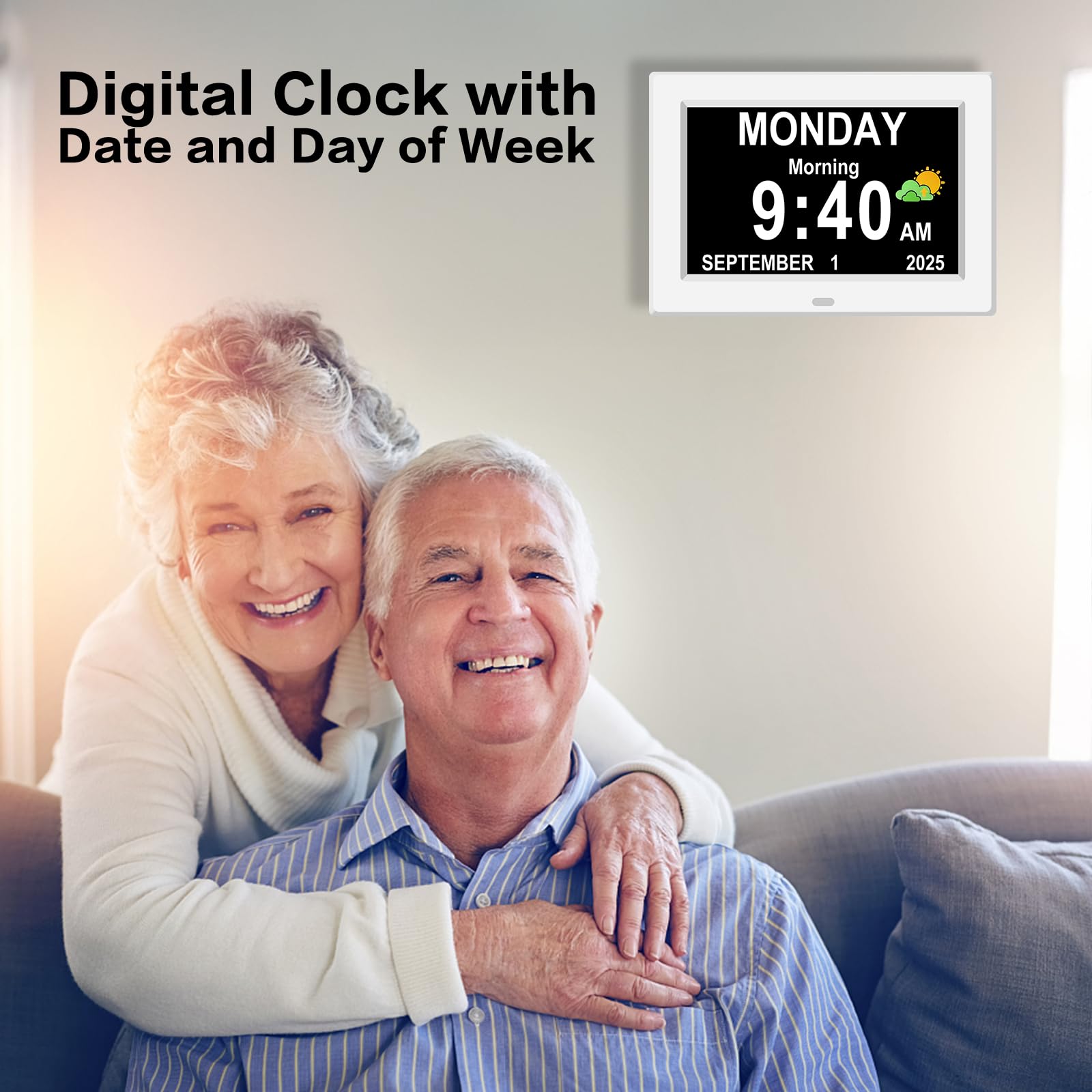 Generic clock held by hand to show scale and easy tabletop placement