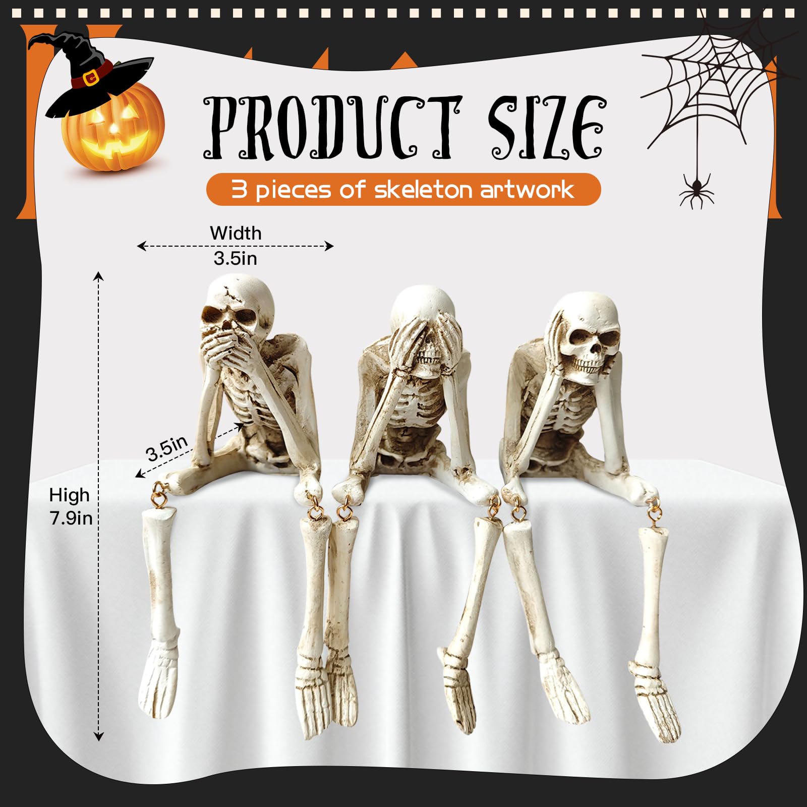 Generic three skeletons arranged on mantel, adds spooky atmosphere benefit