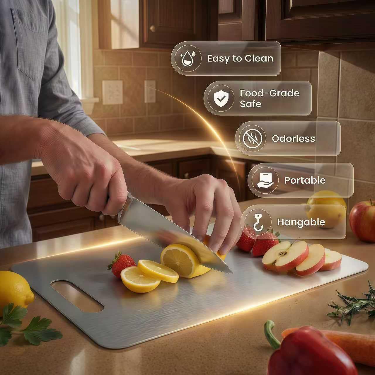 Generic brand close-up of brushed stainless finish showing anti-slip texture and safer knife control