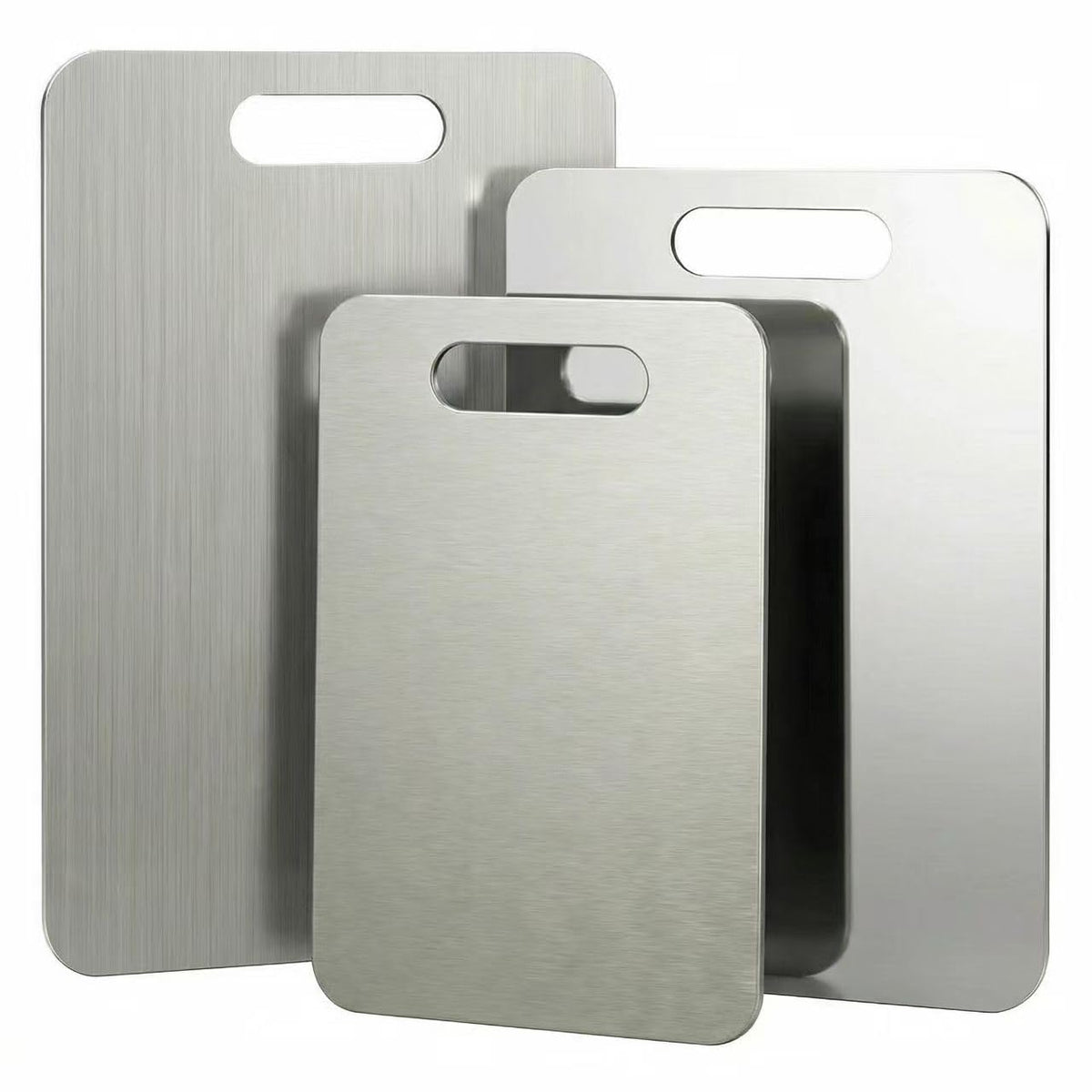 Generic brand front view of three stainless steel cutting boards showing sizes and handles for versatile prep