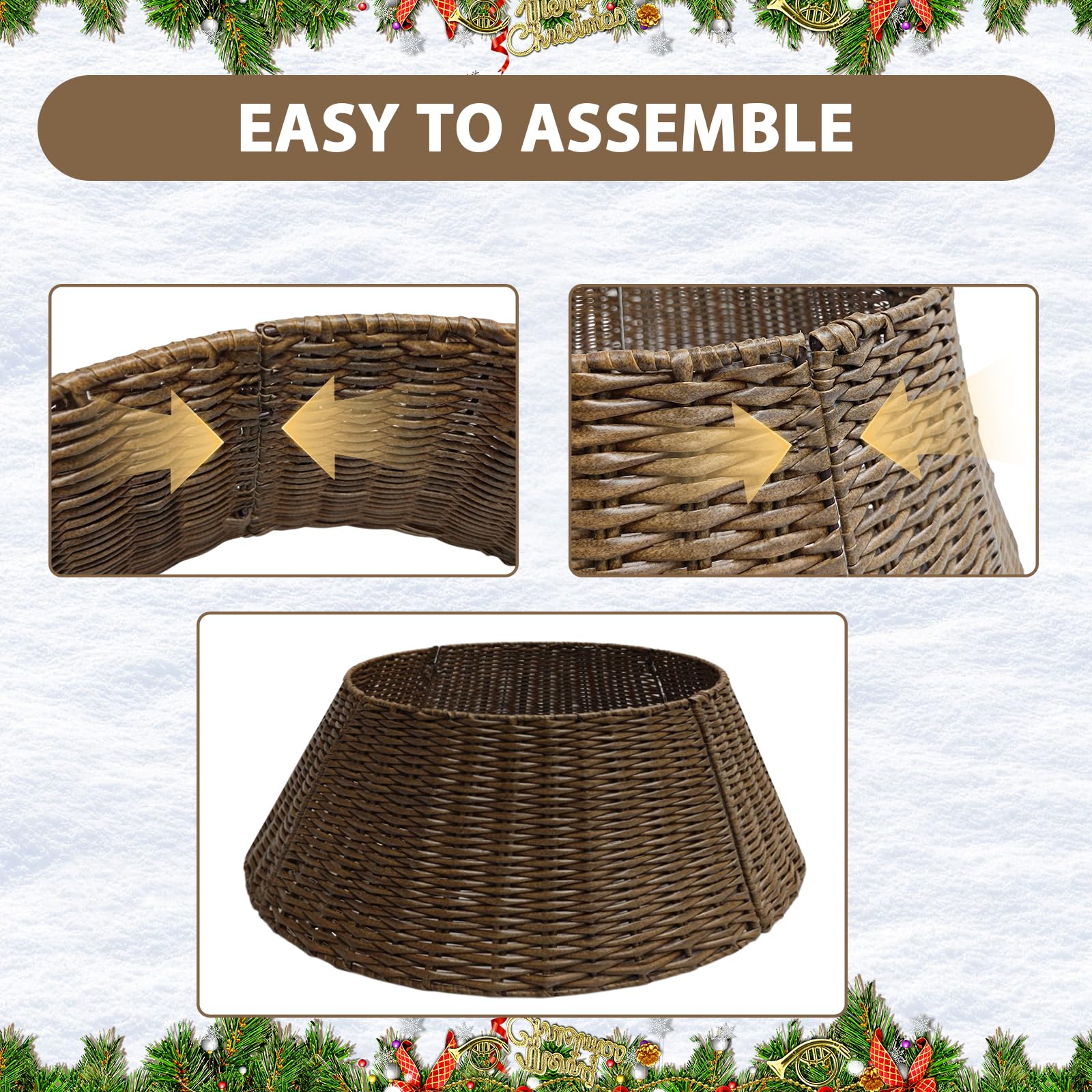 Generic brand tree collar installed under a decorated tree showing tidy presentation benefit