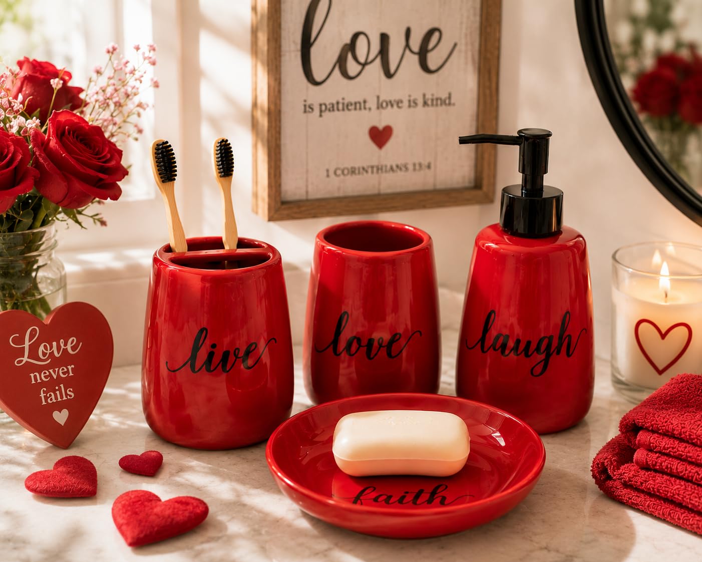 Generic tumbler and soap dish staged in bathroom offering warm farmhouse decor benefit