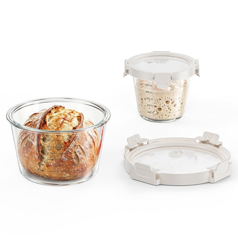 GENICOOK front view of both glass containers showing sizes and lids, highlights organization