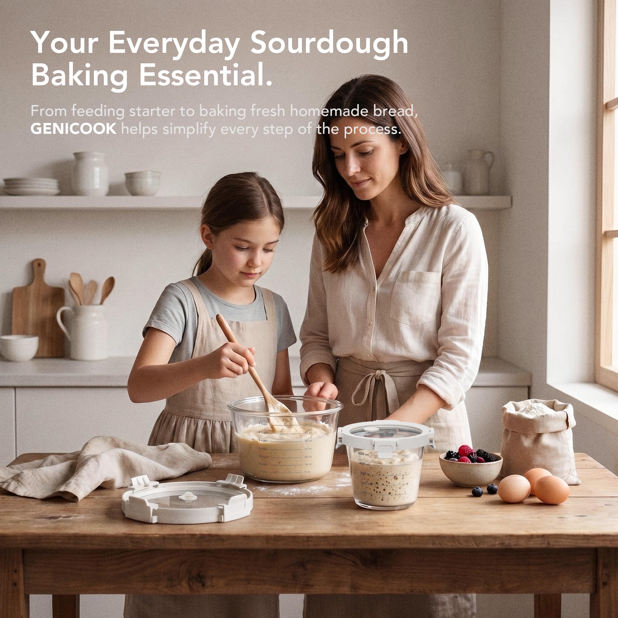 GENICOOK containers staged on kitchen counter, conveys tidy baking workflow