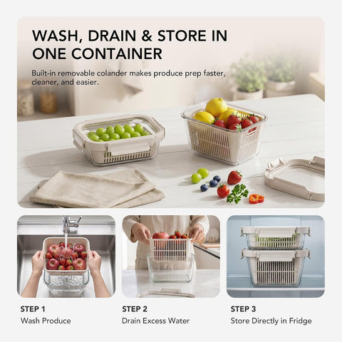 GENICOOK removable colander close-up showing drainage holes for healthier storage