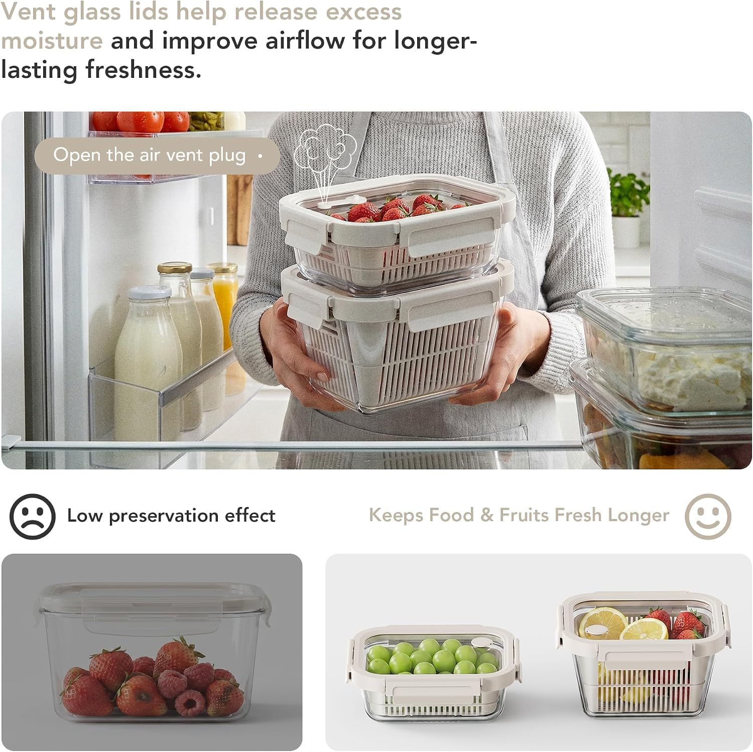 GENICOOK stacked containers in fridge demonstrating space-saving organization benefit