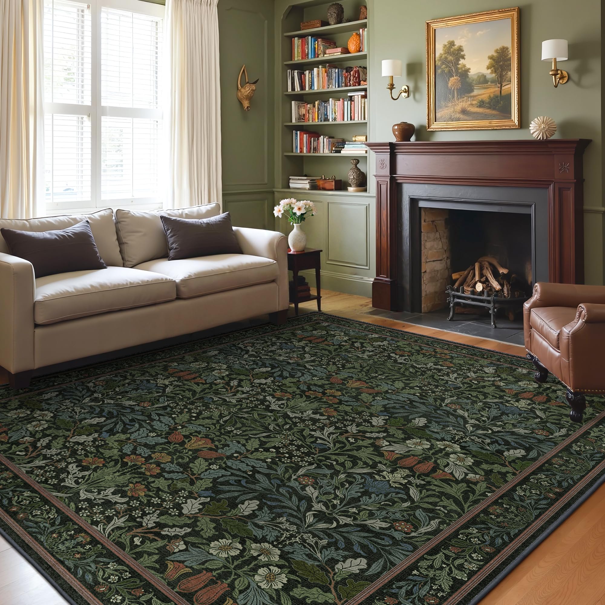 GENIMO front view dark green vintage floral rug showing design and benefit of elegant decor