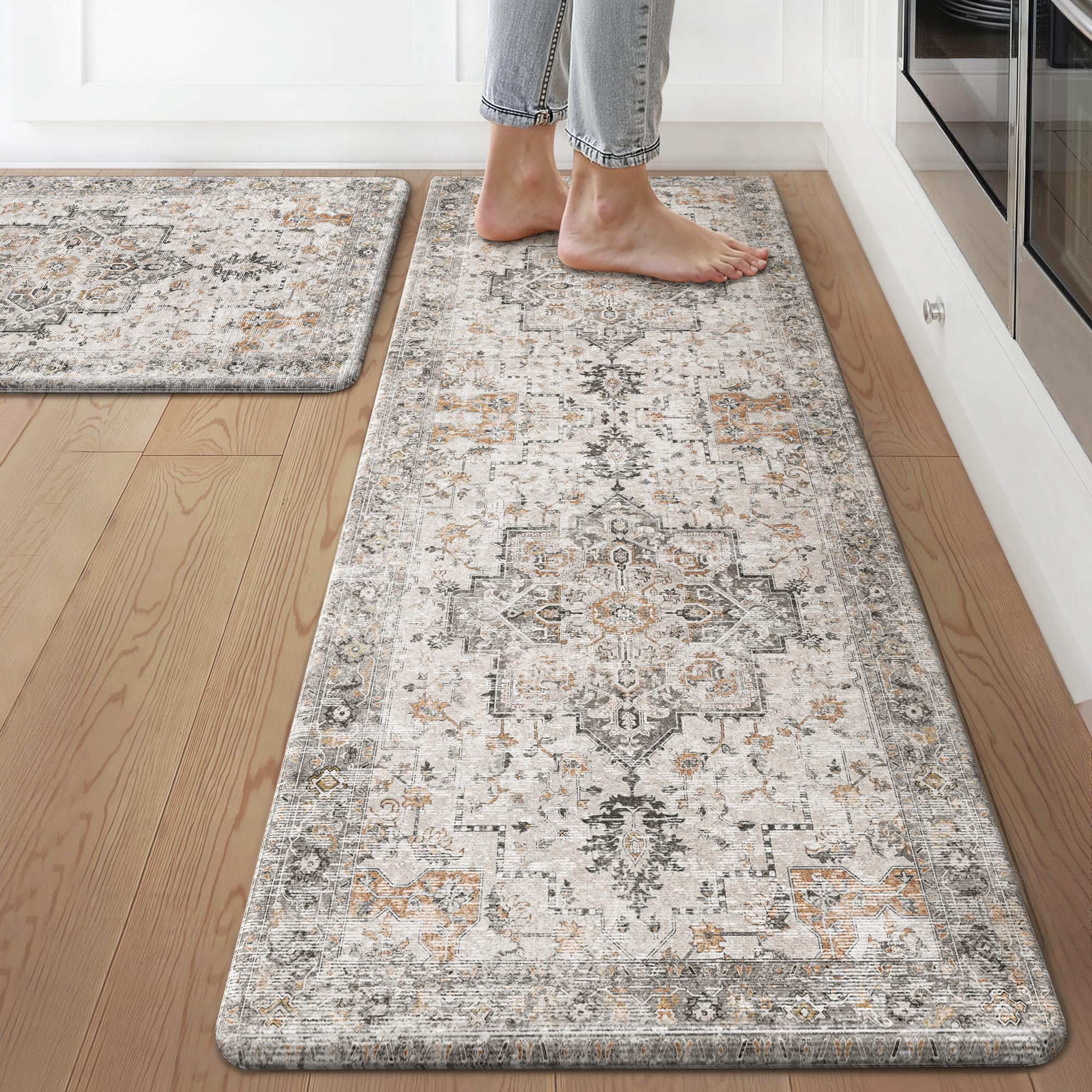 GENIMO front view gray taupe mats showcasing vintage floral design and style benefit