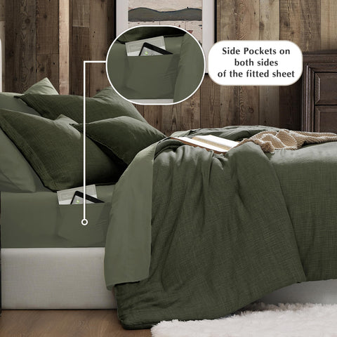 Geniospin comforter set styled on queen bed showing coordinated look