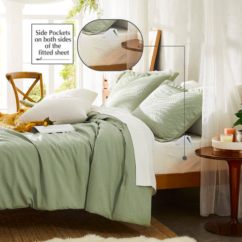 Geniospin fitted sheet deep pocket view showing secure fit and non-slip benefit