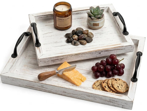 Gennua Kitchen front view of distressed white tray set shows farmhouse style