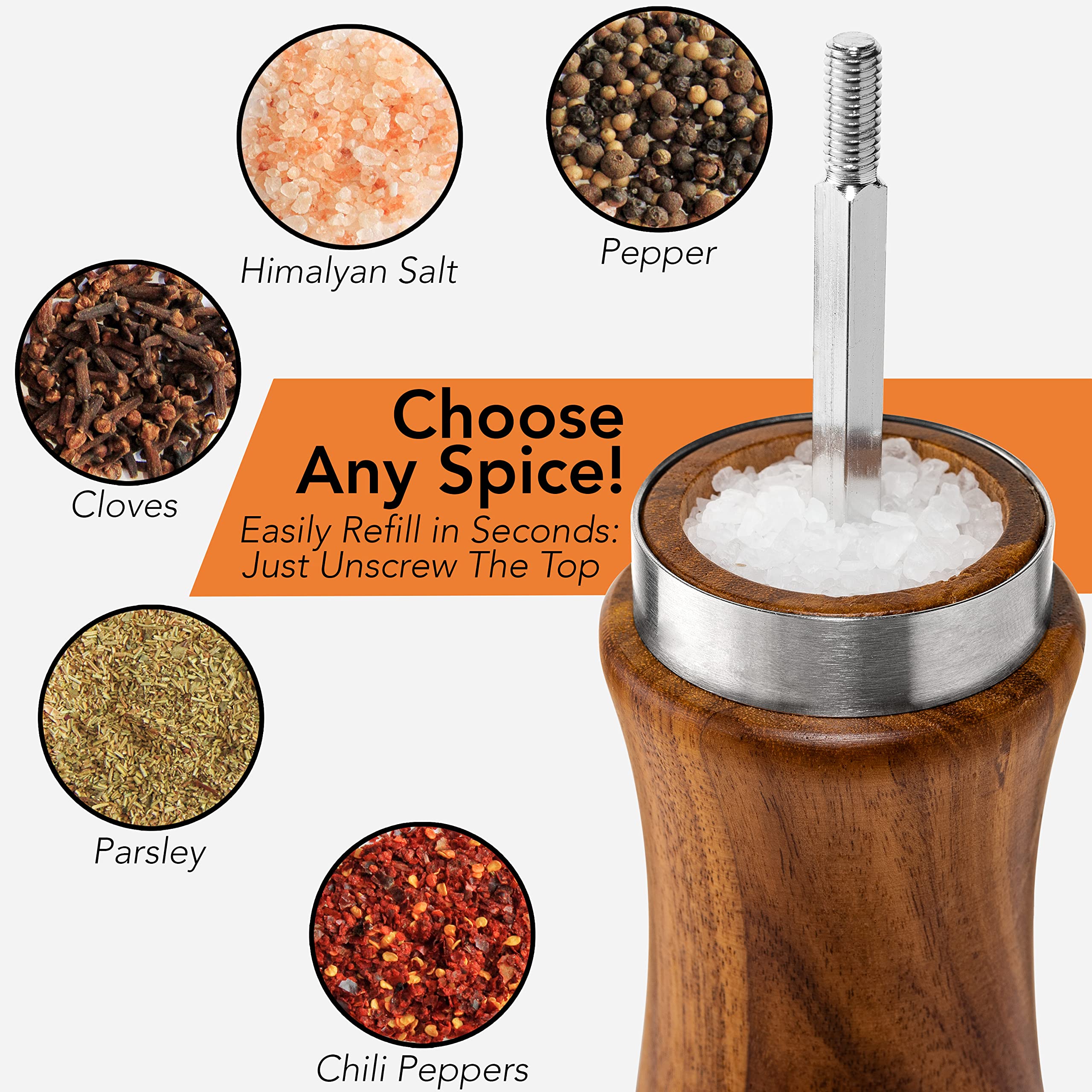Gennua Kitchen mills in use seasoning a plated meal for easy table-side control