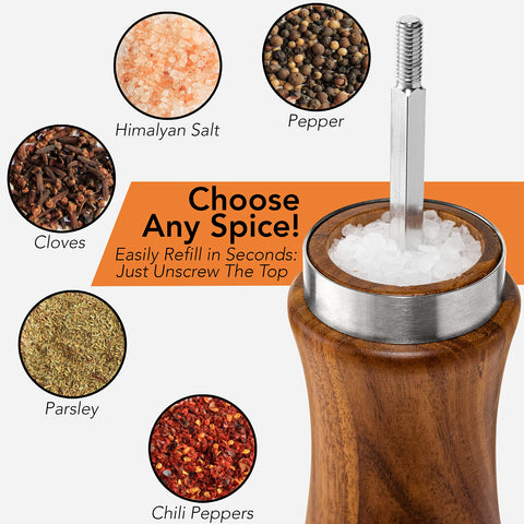 Gennua Kitchen mills in use seasoning a plated meal for easy table-side control