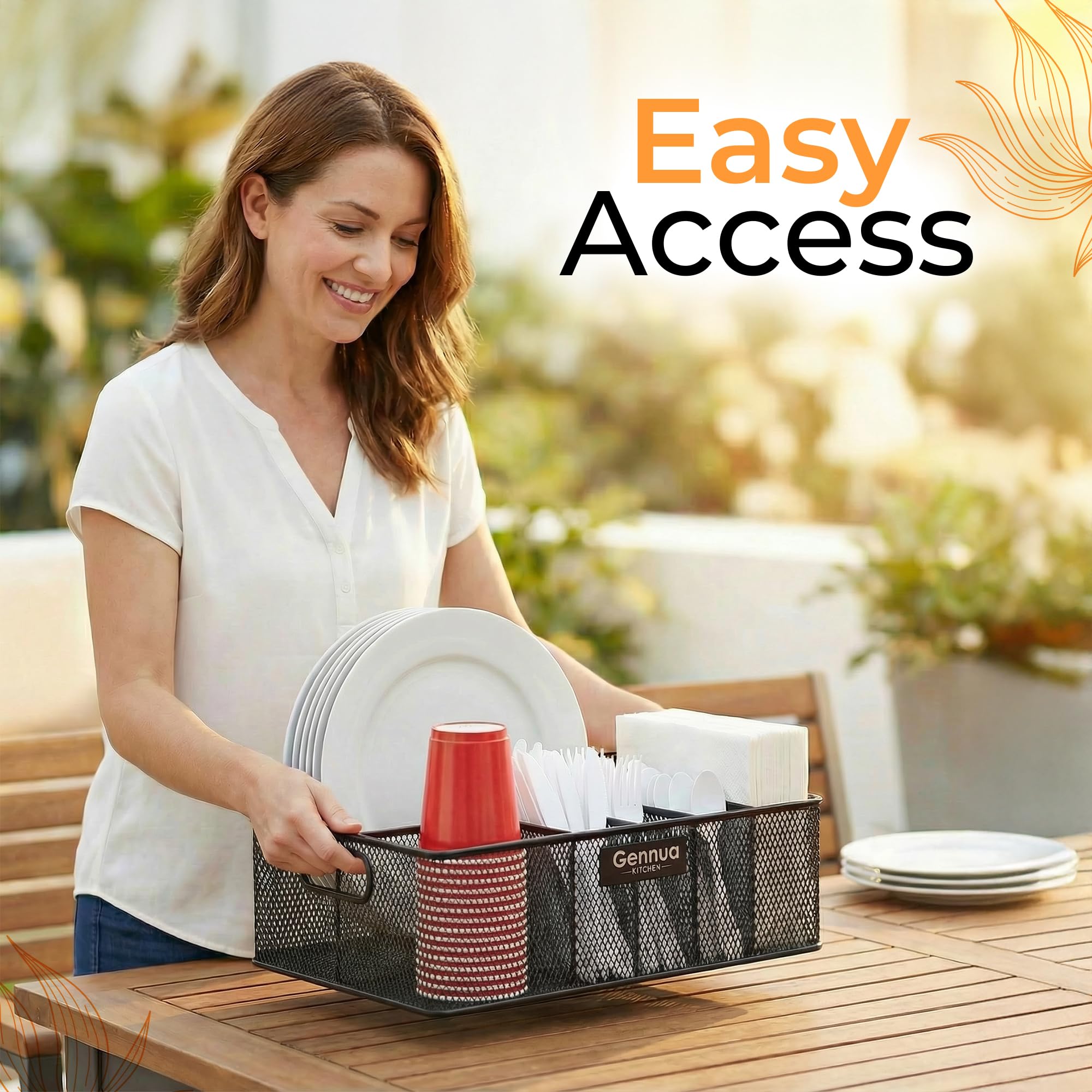 Gennua Kitchen caddy loaded with plates and utensils for quick serving