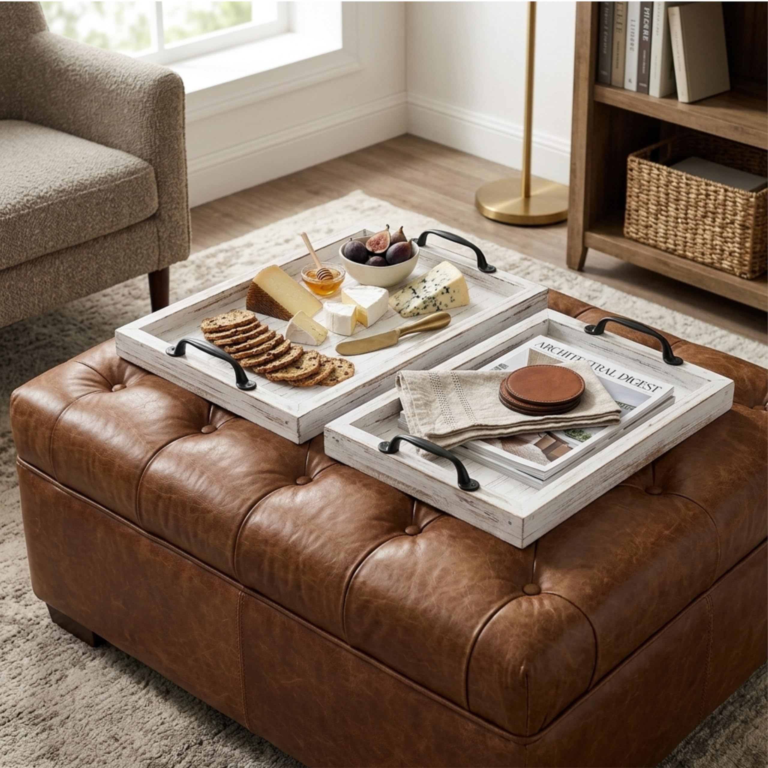 Gennua Kitchen tray next to books and mug shows practical size scale
