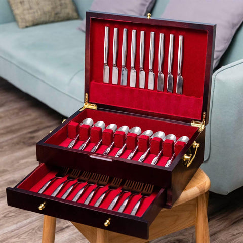 GENRICE wooden flatware chest on kitchen counter adding tidy decorative storage