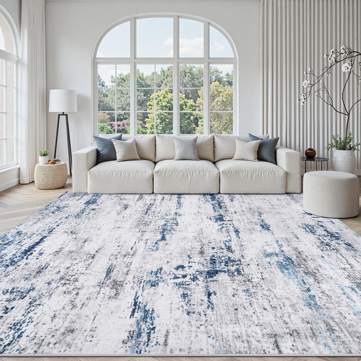 Gent drizz front view of 8x10 rug showing abstract white gray blue pattern and cozy benefit