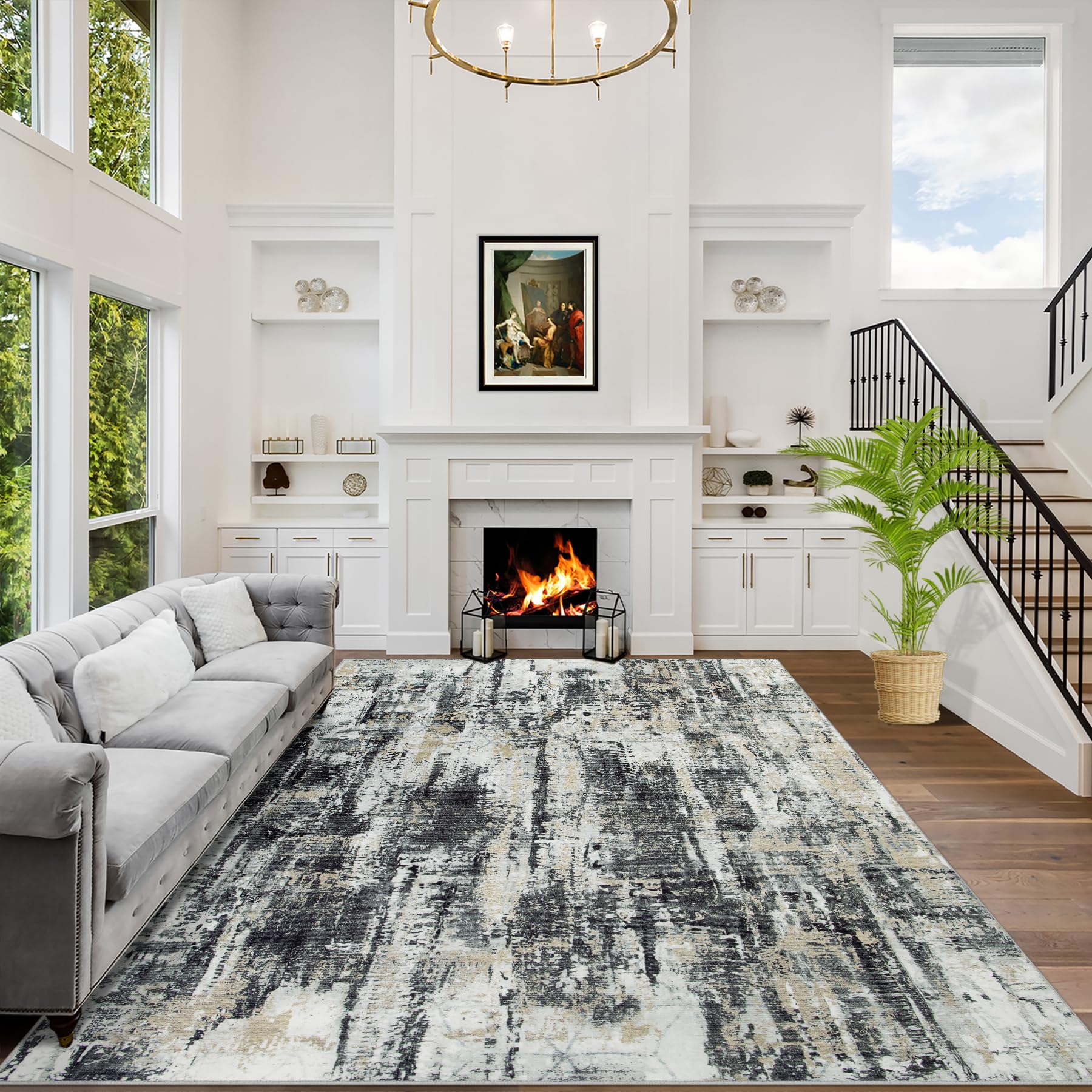 Gent drizz front packaging showing full 9x12 abstract rug and color contrast
