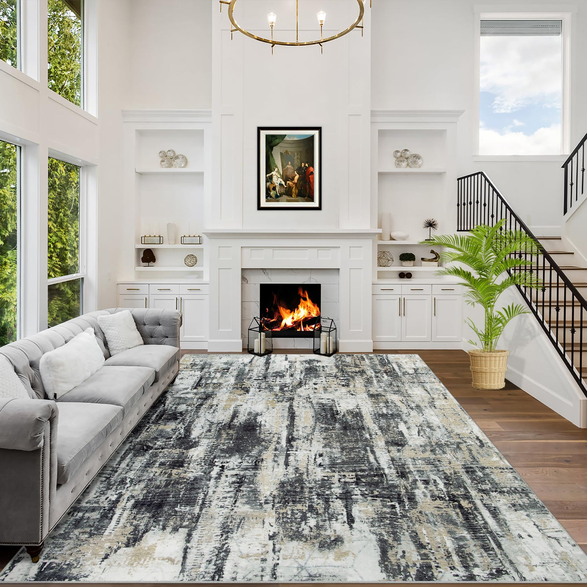 Gent drizz front packaging showing full 9x12 abstract rug and color contrast