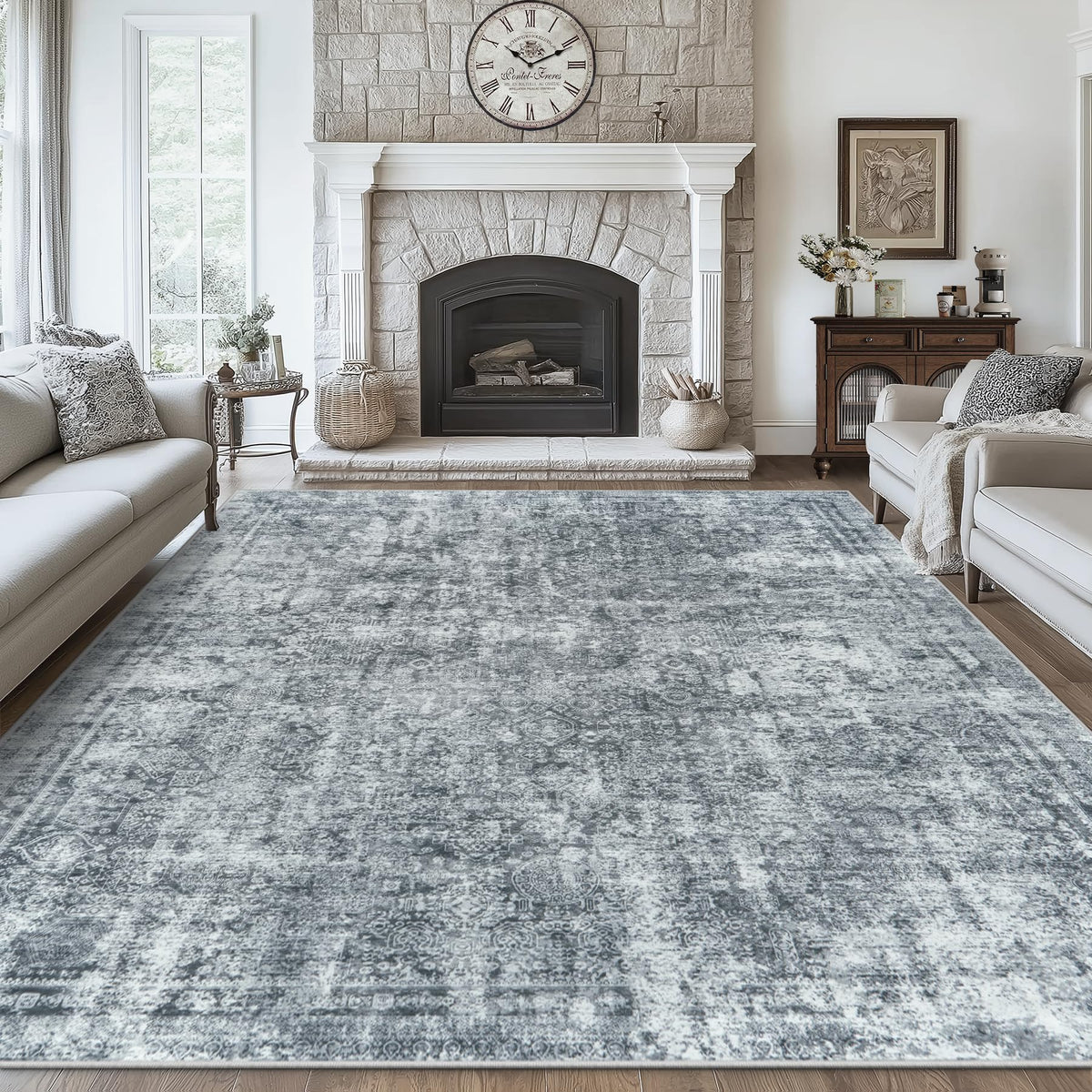 Gent drizz front view of 8x10 black grey rug showing modern abstract design and balance