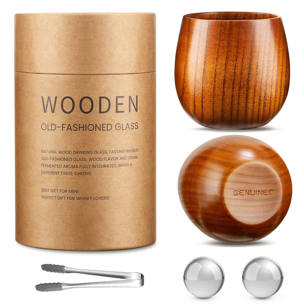 GENUINED front view of wooden whiskey glasses showing rustic craftsmanship and visual appeal