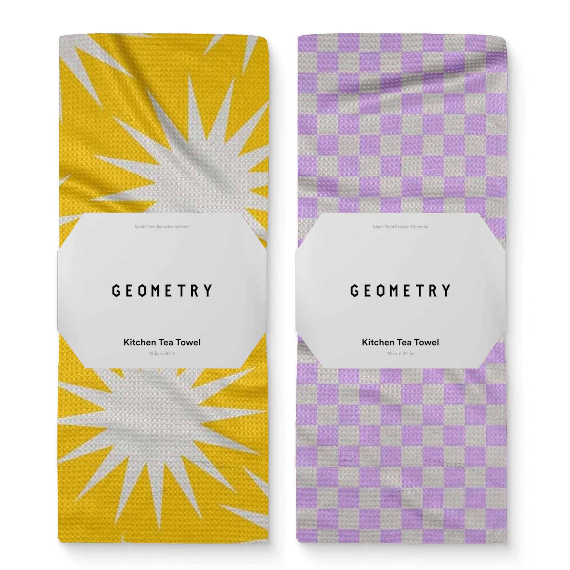 GEOMETRY front view of Lilac Sunburst towel pack showcasing pattern and size