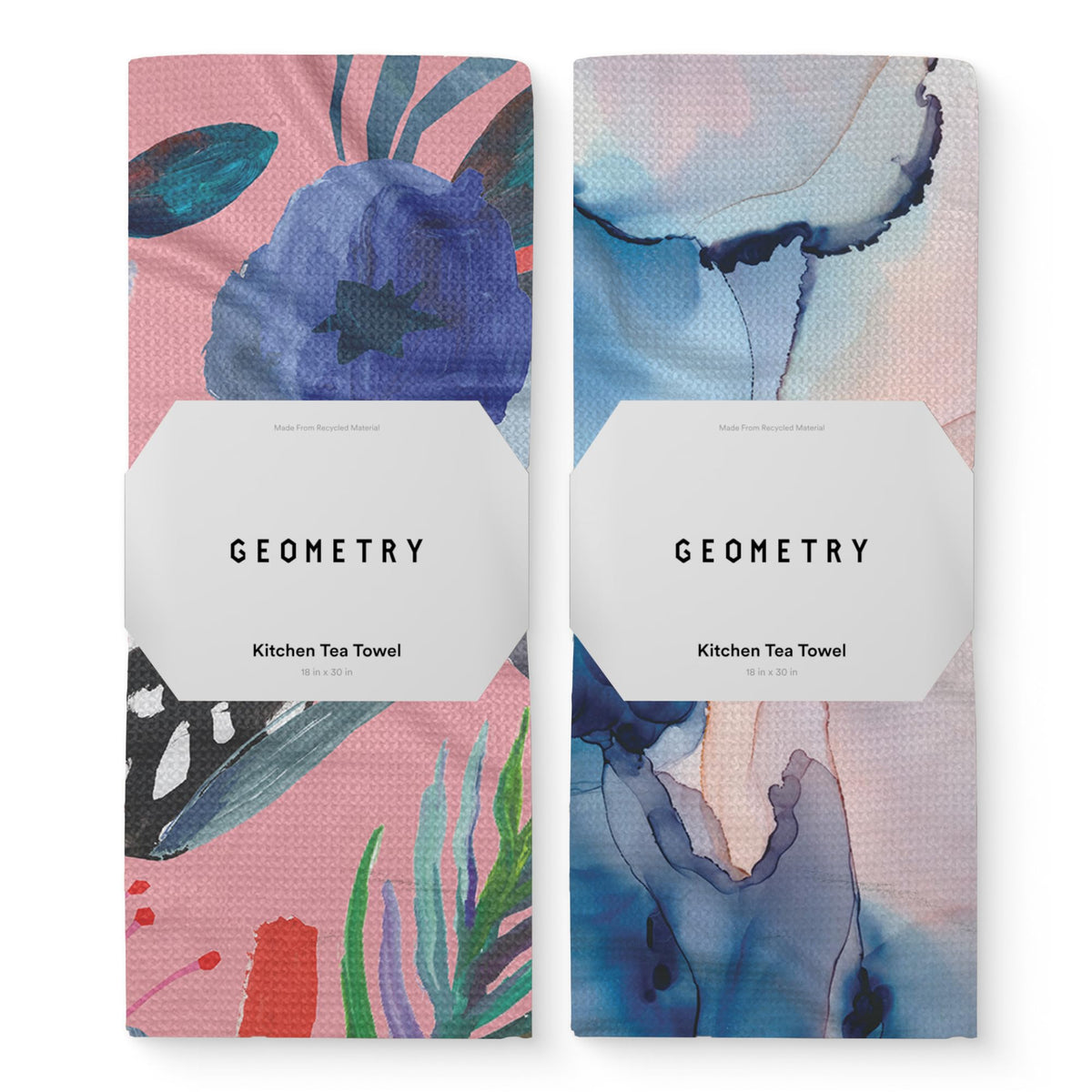 GEOMETRY front packaging showing two 18x30 towels and sustainable branding benefits