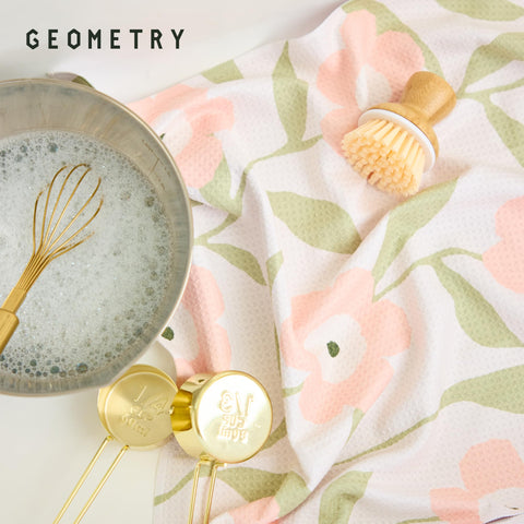 GEOMETRY towels styled in a kitchen adding seasonal Meadowlight decor and function