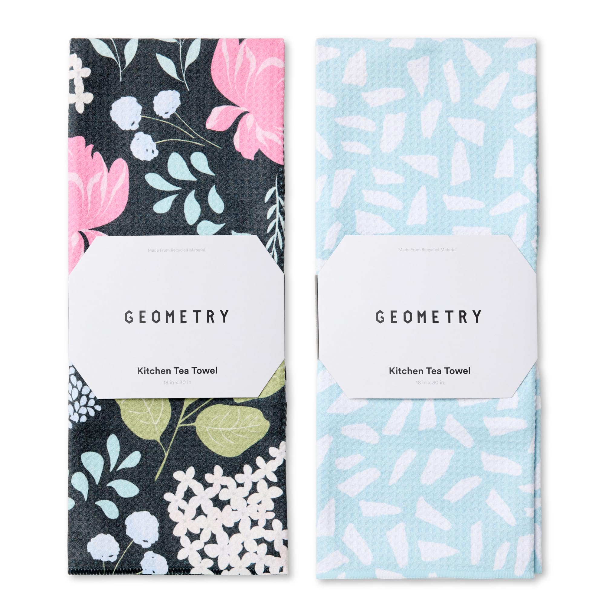 GEOMETRY front packaging showing two Pretty Petals towels and product benefits