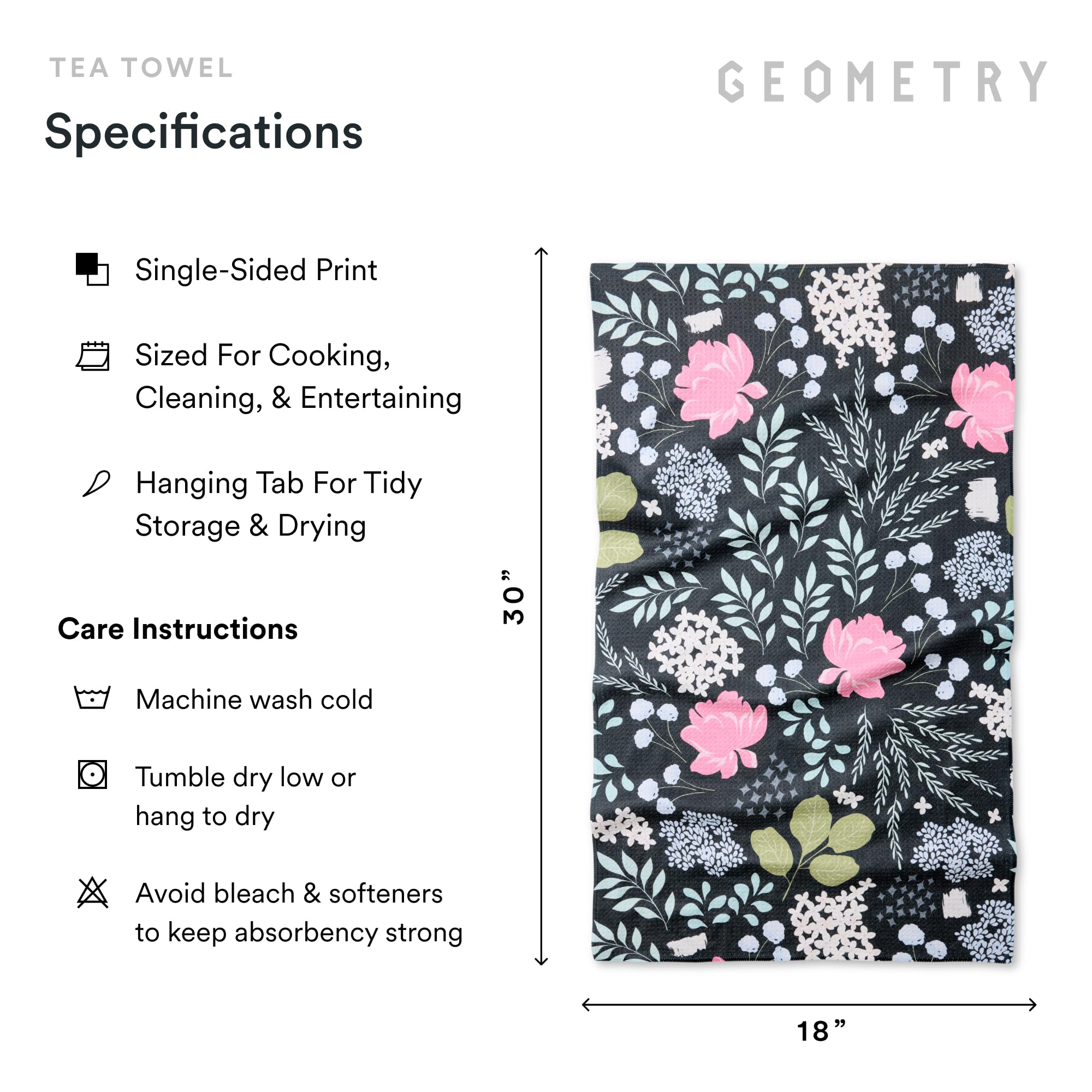 GEOMETRY towel beside a dinner plate showing 18x30-inch scale benefit