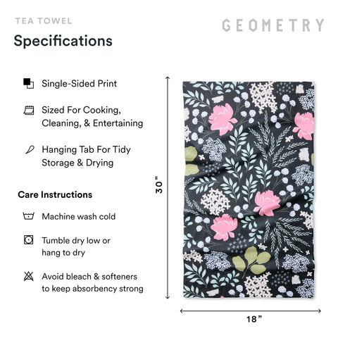 GEOMETRY towel beside a dinner plate showing 18x30-inch scale benefit