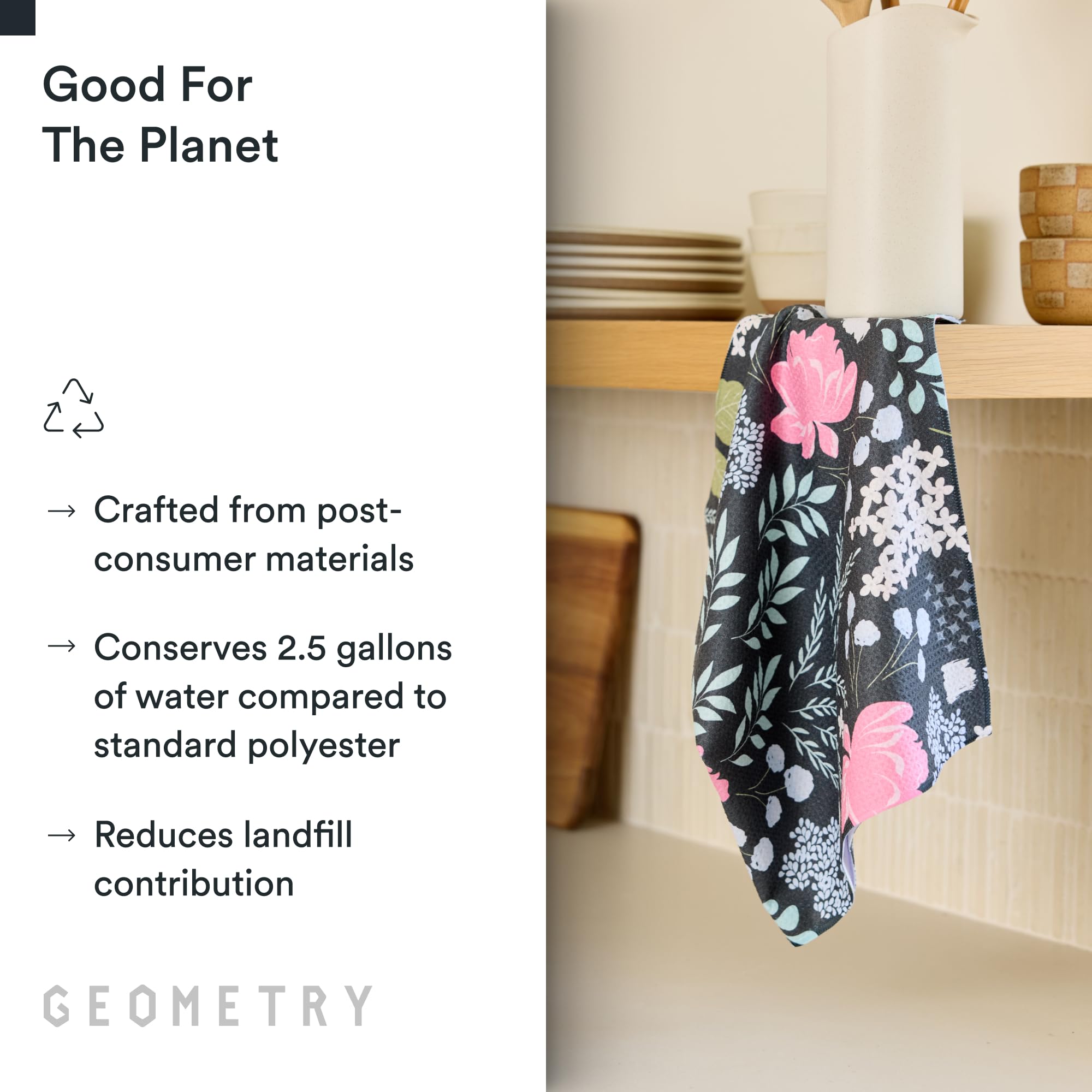 GEOMETRY stacked two-towel pack displaying pattern and ready-to-use benefit