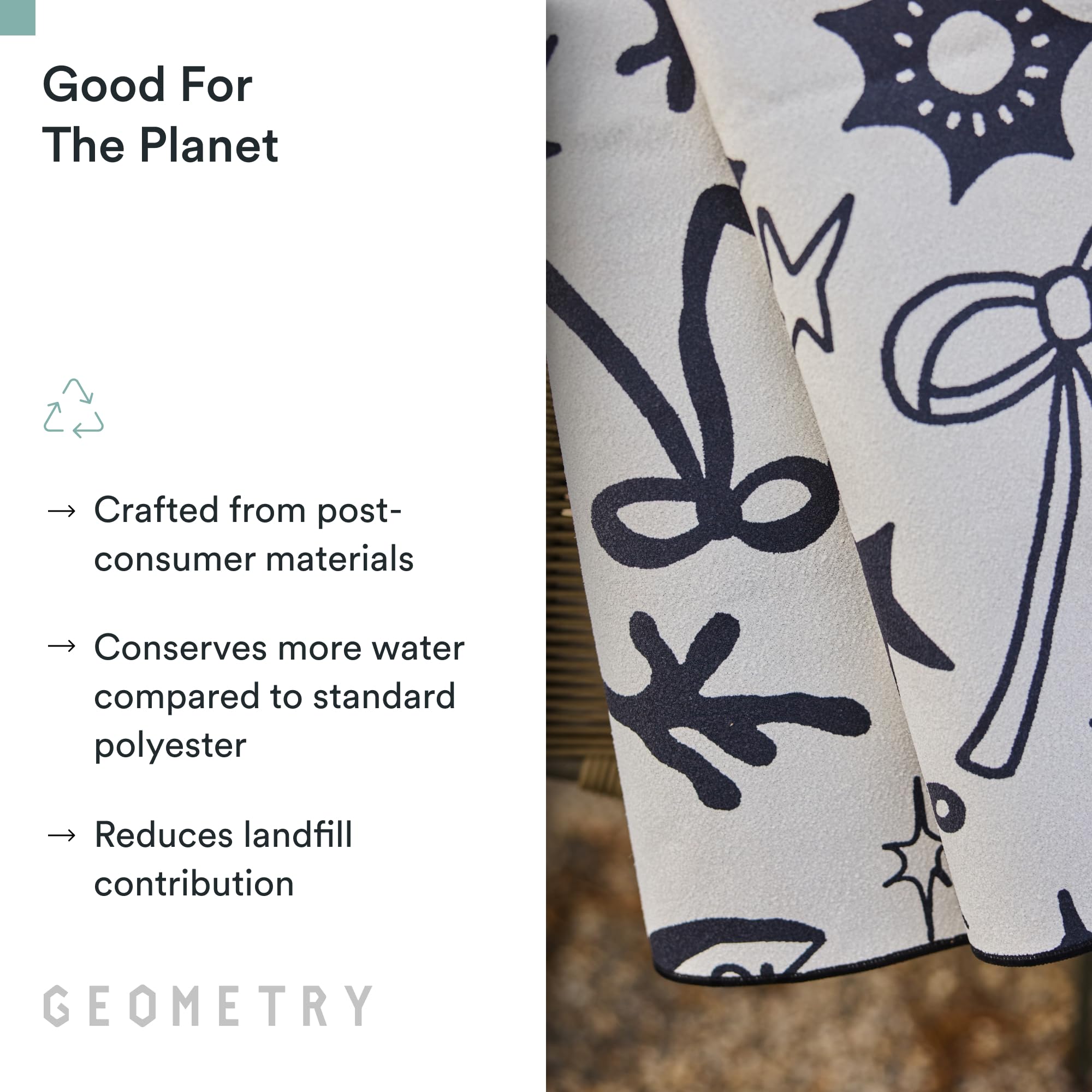 GEOMETRY towel on sand demonstrating sand-resistant fabric for easy cleanup