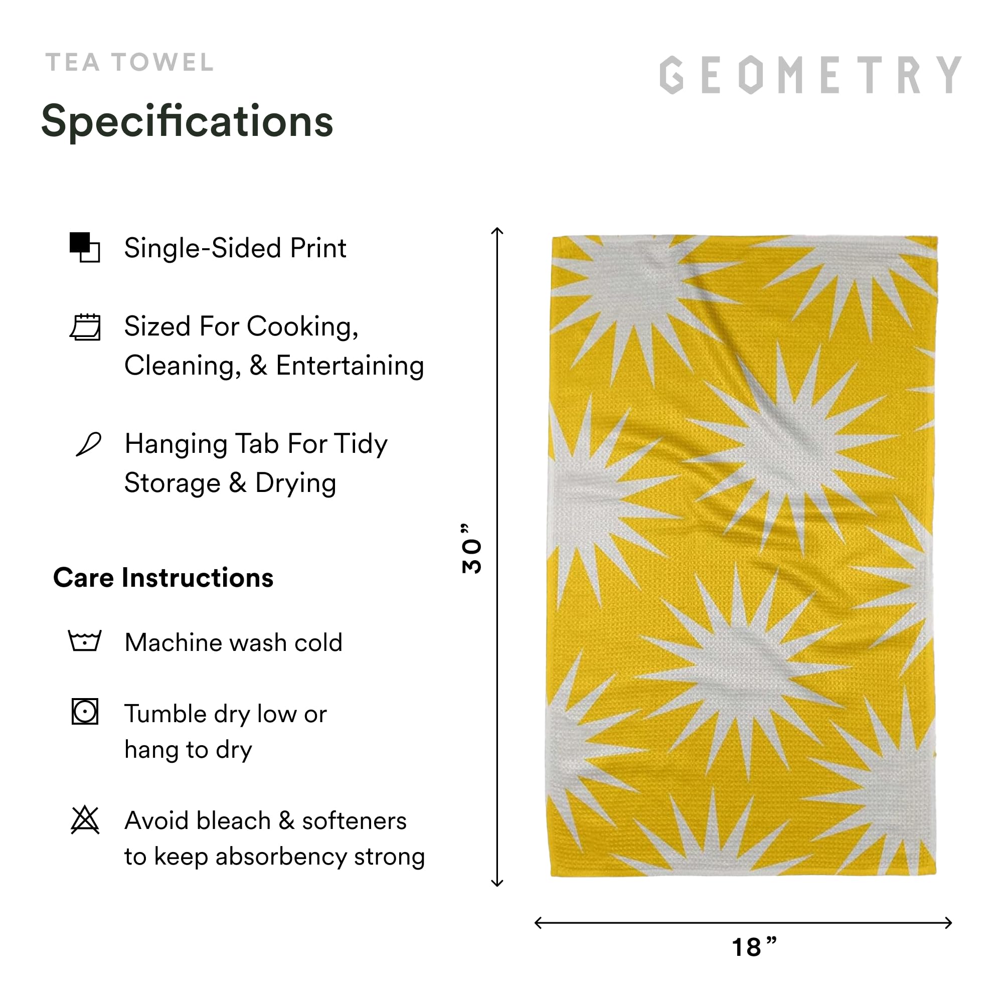 GEOMETRY towel beside a hand to show 18x30 size and easy handling benefit