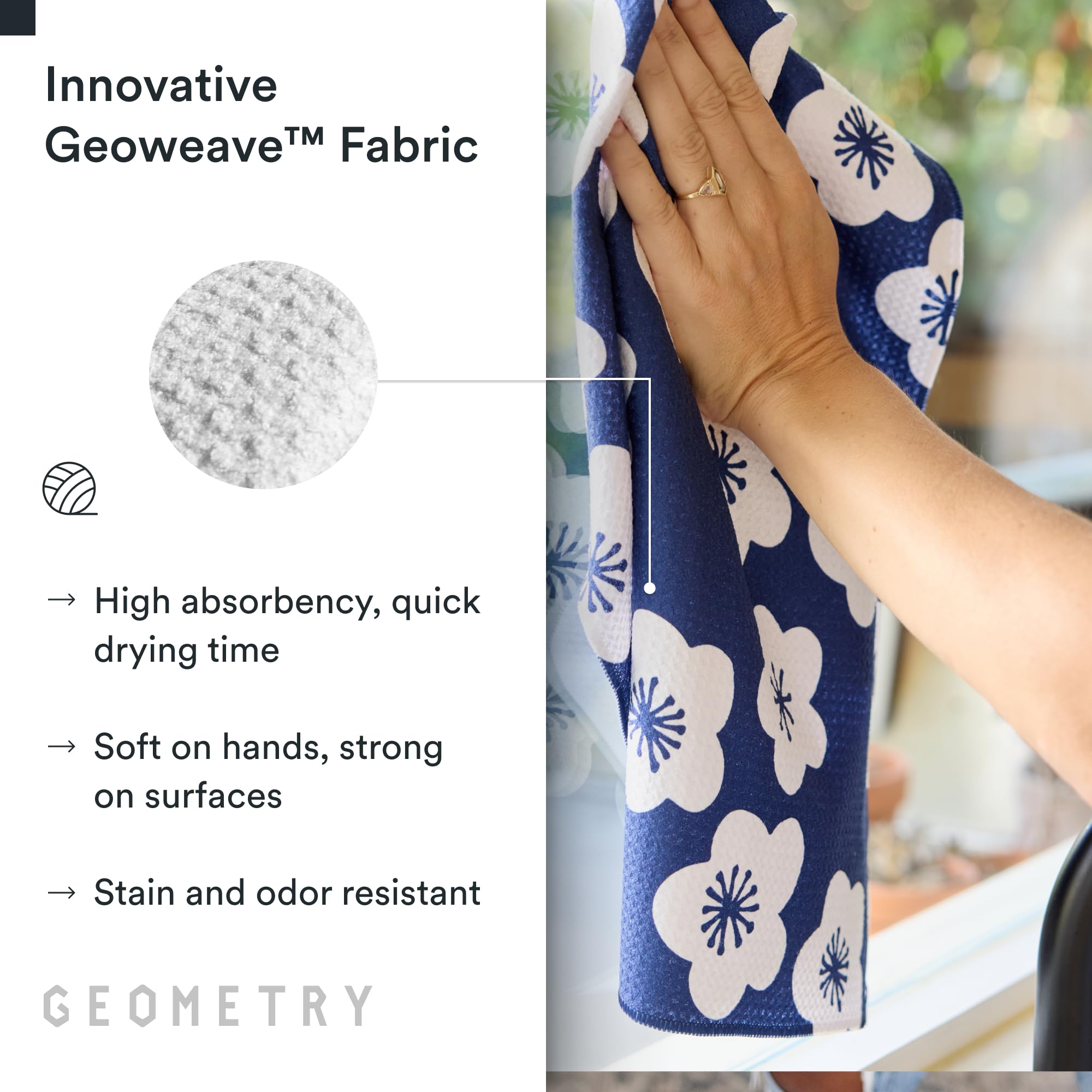 GEOMETRY towel next to cutting board illustrating 18 by 30 size