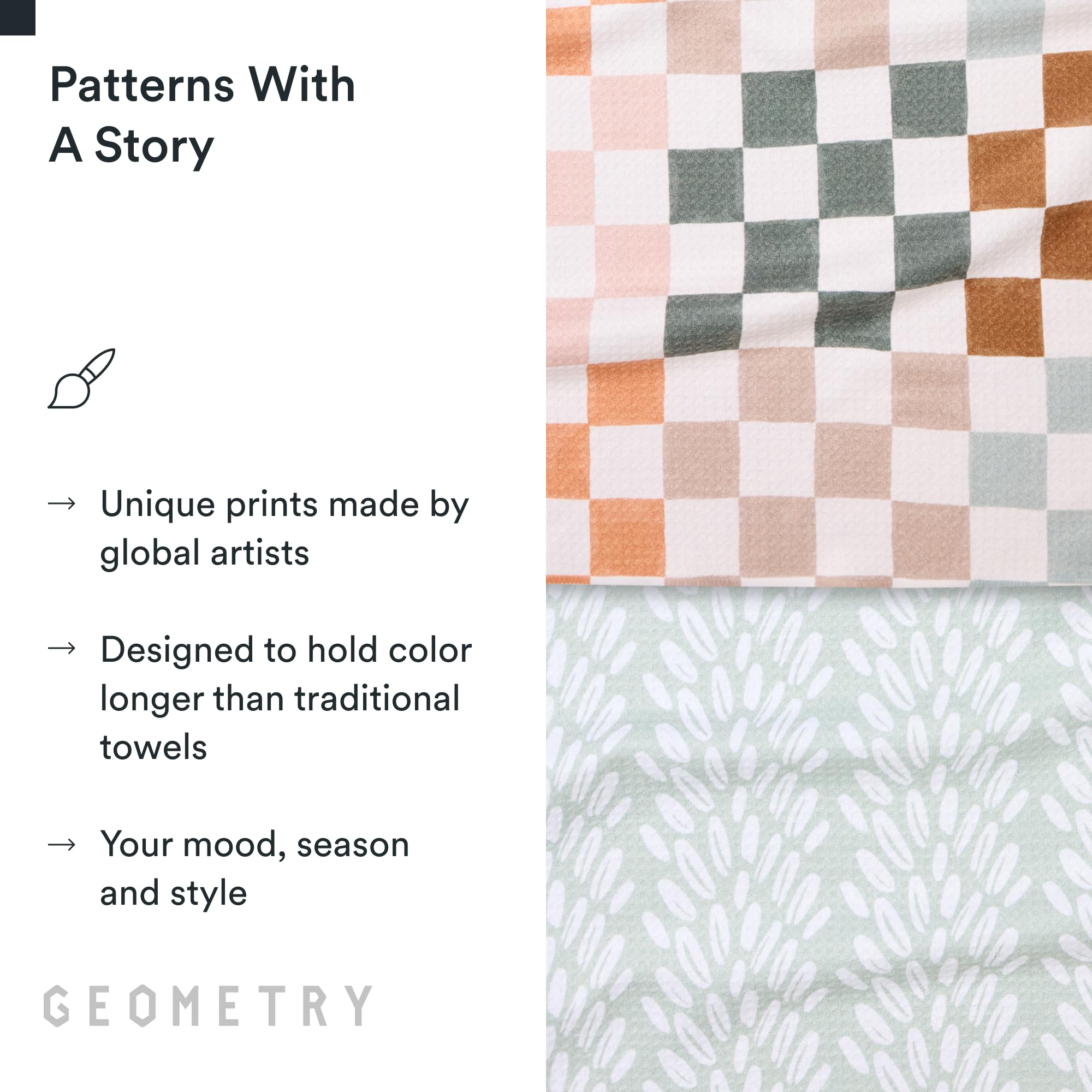 GEOMETRY towel beside a plate for scale, showing generous 18x30 size