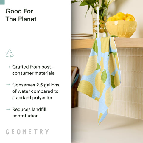 GEOMETRY towel next to dinner plate showing 18x30 inch size advantage