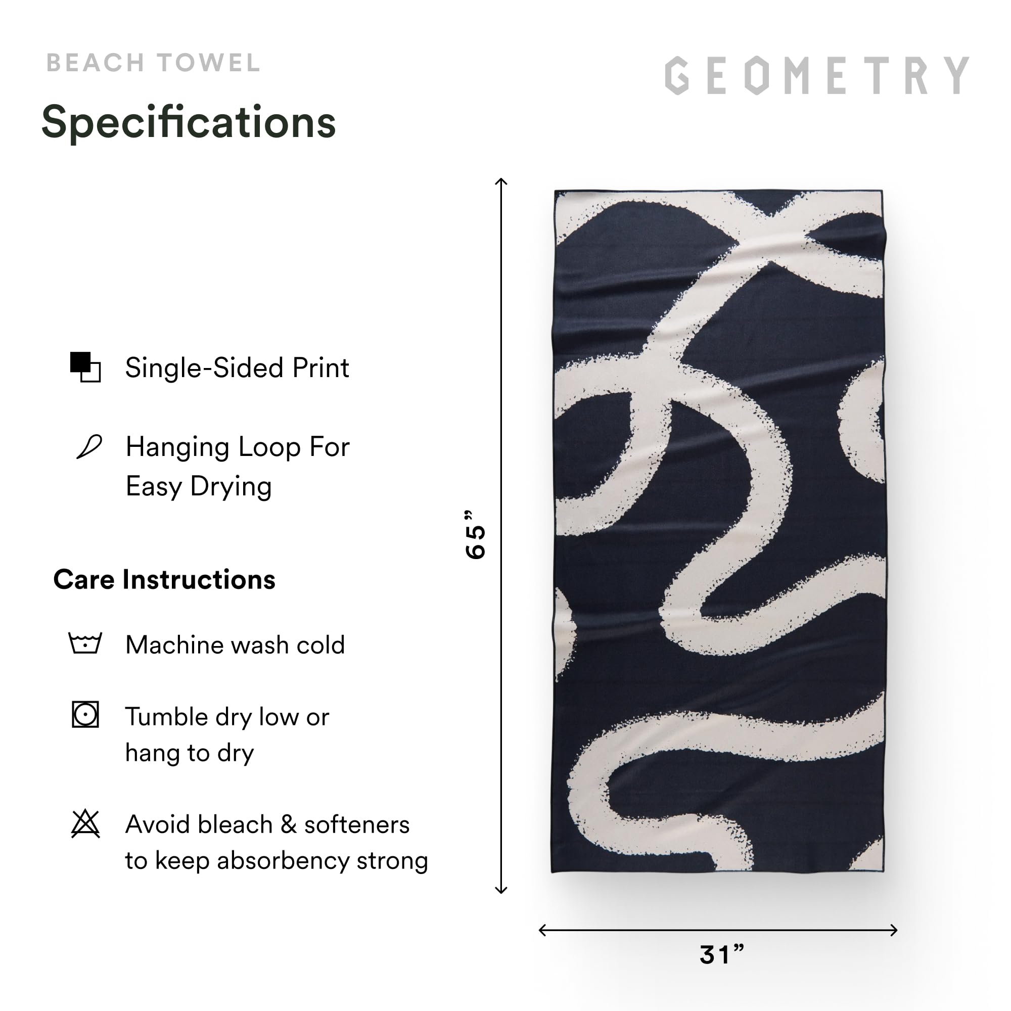 GEOMETRY towel beside water bottle showing size scale and portability benefit