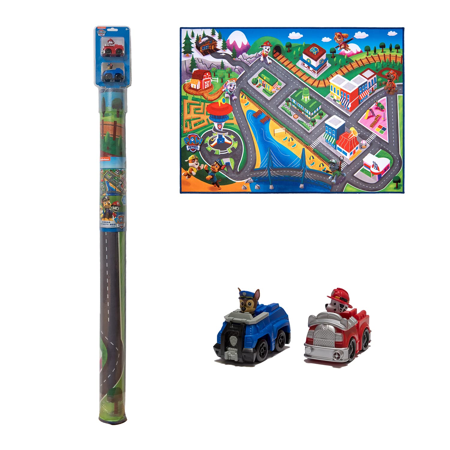 Gertmenian front packaging showing Paw Patrol Town Tower rug and included cars for instant play