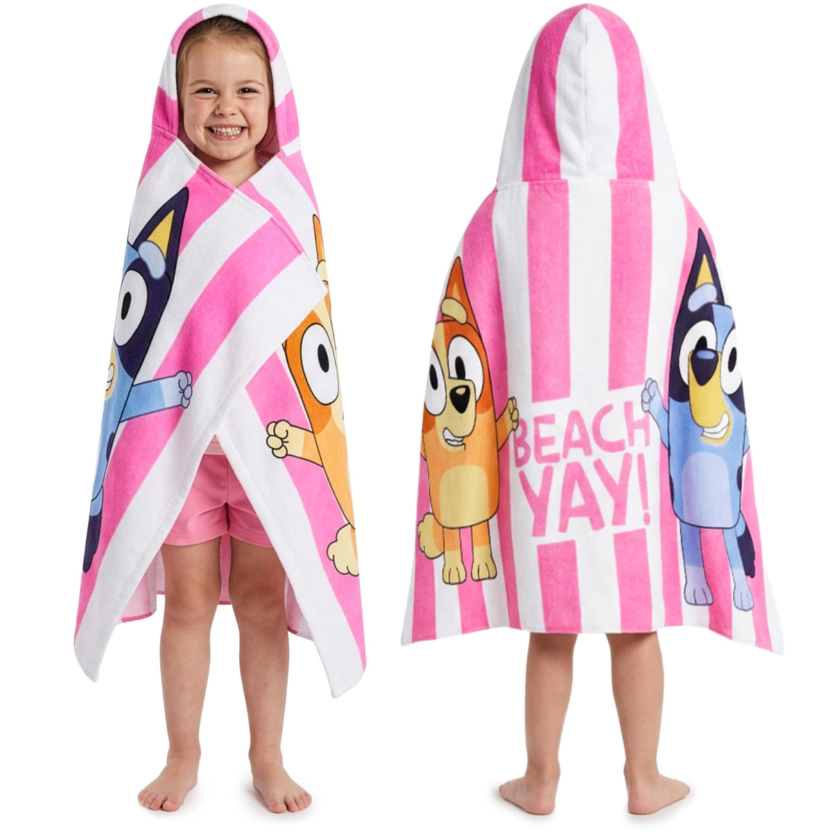 Get Trend Bluey front view hooded towel showing vibrant print and full coverage